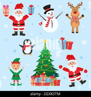 Set di Natale Red Santa Rudolf Snowman Tree Illustrazione Vettoriale