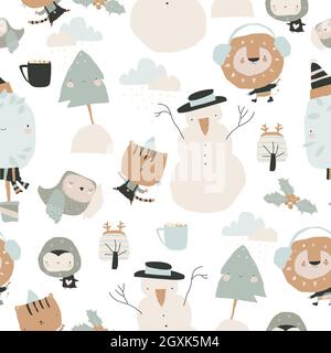 Modello senza giunture con gli animali felici del cartoon che incontrano le feste invernali su sfondo bianco Illustrazione Vettoriale