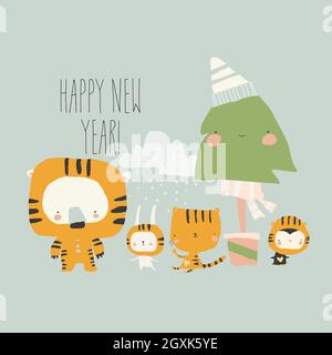 Carino Cartoon animali che festeggiano l'anno nuovo indossando costumi Tiger Illustrazione Vettoriale