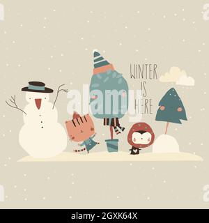 Happy Cartoon Animali meeting Vacanze invernali. Illustrazione vettoriale Illustrazione Vettoriale