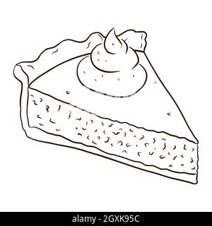 Illustrazione di un pezzo di Pumpkin Pie di Line Art. Thanksgiving Food schizzo di stile cartone animato. Piatto di zucca autunnale per adesivi, invito di Halloween, raccolto, logo, ricetta, menu e biglietti d'auguri decorazione. Illustrazione Vettoriale