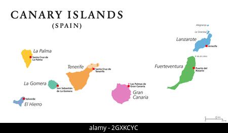 Isole Canarie, mappa politica. Le Canarie. La Palma, la Gomera, El Hierro, Tenerife, Gran Canaria, Fuerteventura e Lanzarote. Foto Stock