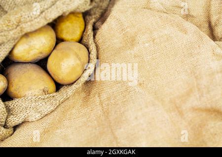 Raccolta di patate grandi fresche in un sacchetto. Prodotti alimentari Foto Stock