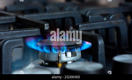 Gas che brucia con fiamme blu sul bruciatore di una stufa a gas. Concetto di impronta di carbonio e prezzo del gas naturale sul mercato Foto Stock