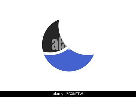 Modello concettuale con logo Crescent moon Ocean. Combinazione di onda d'acqua e barca a vela, a forma di mezzaluna. Moderno semplice e minimalista. Illustrazione Vettoriale
