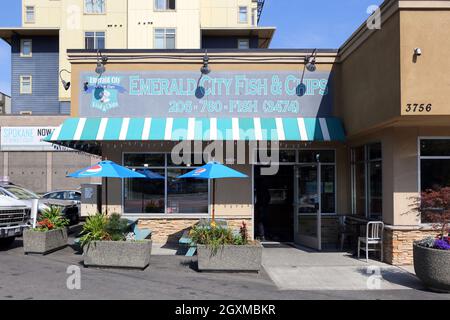 Emerald City Fish & Chips, 3756 Rainier Ave S, foto di fronte al negozio di Seattle di un ristorante di pesce fritto nel Mt. Quartiere di Baker. stato di washington Foto Stock