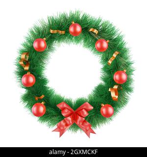 Corona di Natale con nastri e palle su sfondo bianco. rendering 3d. Foto Stock