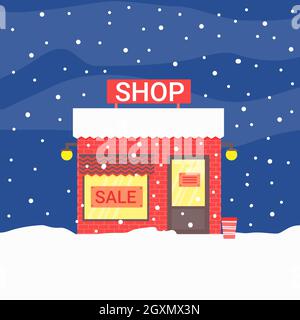 Capodanno e negozio di Natale a notte di nevicatura. Edificio luminoso tra cielo blu scuro e neve bianca. Illustrazione vettoriale in stile piatto Illustrazione Vettoriale