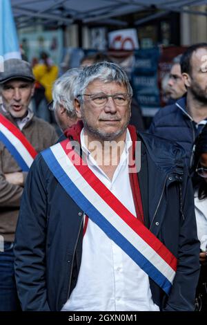 Parigi, Francia. 5 ottobre 2021. Manifestazione interprofessionale per protestare contro la riforma dell'assicurazione contro la disoccupazione e la riforma delle pensioni. Foto Stock