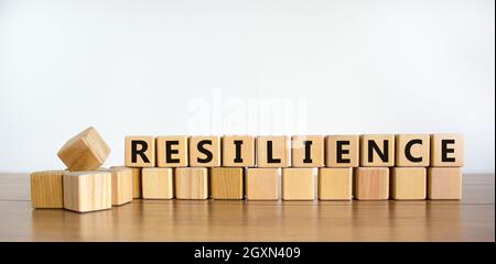 Simbolo di resilienza. Parola 'Resilience' scritta su blocchi di legno. Spazio di copia. Bella tavola di legno, sfondo bianco. Concetto di business e resilienza. Foto Stock