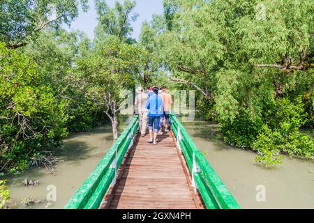 Punto HIRON, BANGLADESH - 14 NOVEMBRE 2016: Turisti su una passerella a Iron Point a Sundarbans, Bangladesh. Foto Stock