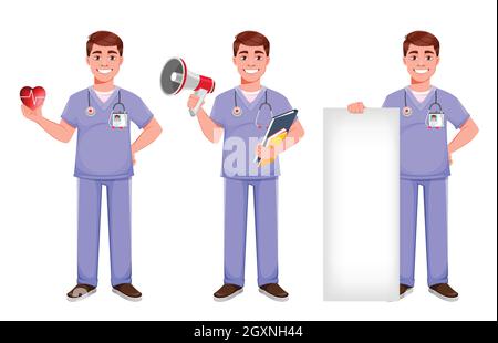 Bel medico in uniforme professionale. Medico maschile, set di tre pose. Illustrazione del vettore di scorta Illustrazione Vettoriale