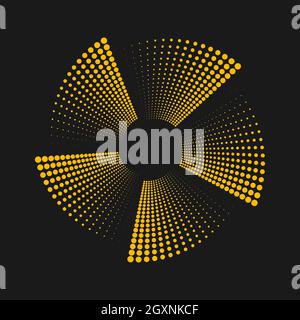 Strisce tratteggiate mezzitoni gialle a ventaglio. Art. Geometrico elemento di design per cornice di bordo, tecnologia logo rotondo, tatuaggio, segno, pagine web, stampa Illustrazione Vettoriale