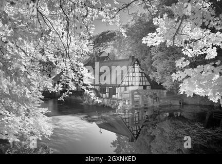 Immagine a infrarossi, storico mulino a martelli, museo, fonte carsica del Blau, Blautopf in Blaubeuren, Alb sveva, Baden-Wuerttemberg, Germania Foto Stock