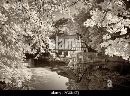 Immagine a infrarossi, storico mulino a martelli, museo, fonte carsica del Blau, Blautopf in Blaubeuren, Alb sveva, Baden-Wuerttemberg, Germania Foto Stock