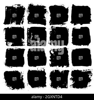 Set di sfondi neri del pennello grunge. Illustrazione vettoriale. Isolato. Texture di distress. Pennellate di inchiostro. Elemento di design artistico sporco Illustrazione Vettoriale