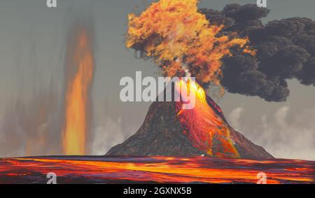 Vulcano con Lava e fuoco - un vulcano erutta con lava fusa calda rossa con fumo e fuoco. Foto Stock