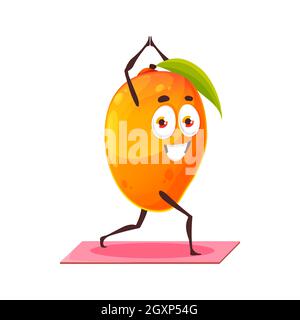 Frutta esotica mango con foglia verde facendo sport esercizi di fitness, yoga, pilates isolato personaggio cartoon piatto. Vettore cibo tropicale, frutta di pietra Illustrazione Vettoriale