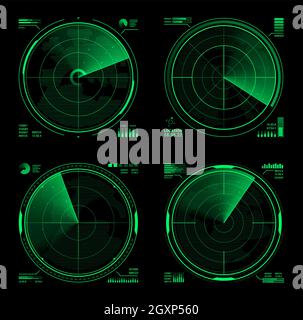 HUD radar militare o vettore Navy sonar display interfaccia del sistema di navigazione. Futuristico display digitale head up della tecnologia di ricerca dell'esercito, g Illustrazione Vettoriale