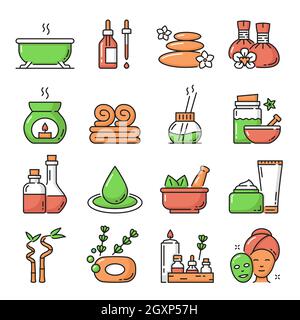 SPA, linea di cura della pelle e del corpo icone di bellezza, massaggio vettore set. SPA Skinccare e salone di benessere olio essenziale, donna trattamento viso maschera e aroma Illustrazione Vettoriale