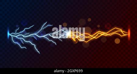 Fulmine thunderbolt contro il flash di cortocircuito, vettore 3d su sfondo trasparente. Scarica di energia elettrica con fulmini blu e giallo Illustrazione Vettoriale