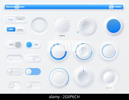 Kit interfaccia utente con manopola Neumorphic, pulsanti per applicazioni mobili, interfaccia utente o UX. Pulsanti, cursori on off, interruttori e manopole di controllo del volume di dispositivi mobili e web Illustrazione Vettoriale