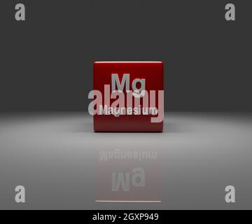 Red Cube con sistema periodico in magnesio, rendering 3d Foto Stock