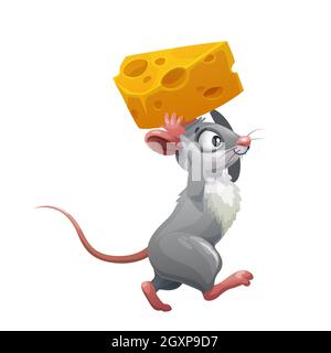 Mouse grigio cartoon con formaggio, vettore roditore animale di ratto carino o divertente personaggio di topo piccolo che porta formaggio al foro del mouse. Peste domestica con hap Illustrazione Vettoriale