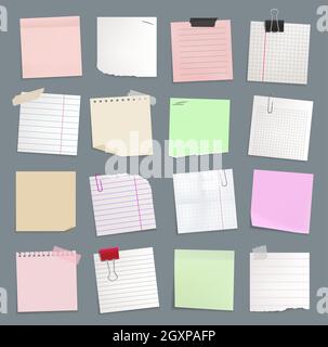 Note in carta bianca, appunti adesivi e per fare messaggi memo, set vettoriale. Appunti appiccicosi o fogli di elenchi posti sul bordo dell'ufficio, note e notepaper Illustrazione Vettoriale