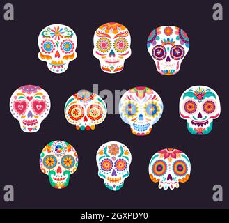Calavera messicano bianco zucchero teschi vettore set di dia de los Muertos o giorno delle vacanze morte. Messico Halloween zucchero teschi o teste di scheletro con Illustrazione Vettoriale