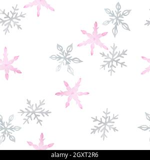 Acquerello motivo senza cuciture con fiocchi di neve rosa grigio pastello isolati su sfondo bianco. Natale inverno nuovo anno stampa per la carta da imballaggio tessile. Design nord-settentrionale Foto Stock