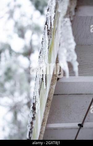 Grandi ghiaccioli appesi a un tetto bianco in una giornata grigia Foto Stock
