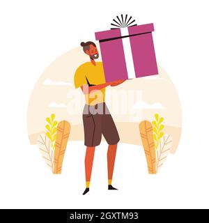 Illustrazione, celebrazione della gente del cartone animato, regalo grande, anniversario, carta da parati, banner, web design Foto Stock