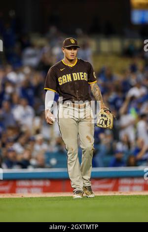 San Diego Padres terzo baseman Manny Machado (13) in azione durante una partita di stagione regolare della MLB contro i Los Angeles Dodgers, mercoledì 29 settembre Foto Stock