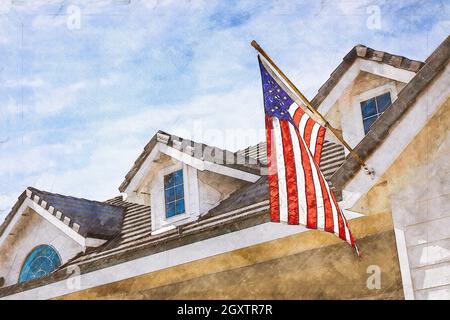 Artist rendering della bandiera americana aggirando dalla facciata della casa. Foto Stock