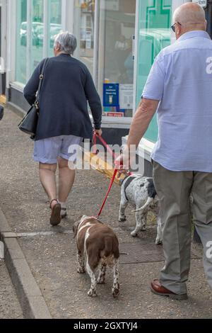 Camminatori di cane. Coppia di anziani cittadini che esercitano i loro animali su un negozio fronteggiato strada suburbana marciapiede. Stalham, Norfolk. Foto Stock