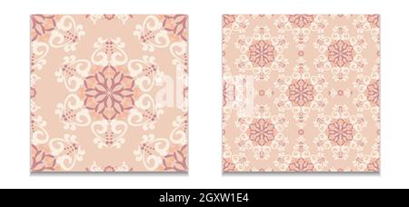 Un insieme di due modelli di schemi di damasche senza giunture. Colore rosa, beige. Per tessuti, piastrelle, carta da parati o confezioni. Grafica vettoriale. Illustrazione Vettoriale