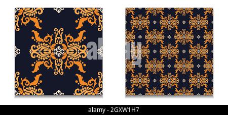 Due modelli senza giunture di modelli vintage. Set di modelli di damasche vettoriali. Colore blu, arancione. Per tessuti, piastrelle, carta da parati o confezioni. Vettore Illustrazione Vettoriale