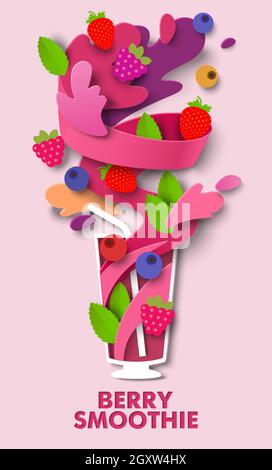 Bicchiere di delizioso frullato misto di bacca, illustrazione del taglio vettoriale della carta. Sana bevanda di frutta fatta di fragola, lampone, mirtillo. Cibo ricco di vit Illustrazione Vettoriale