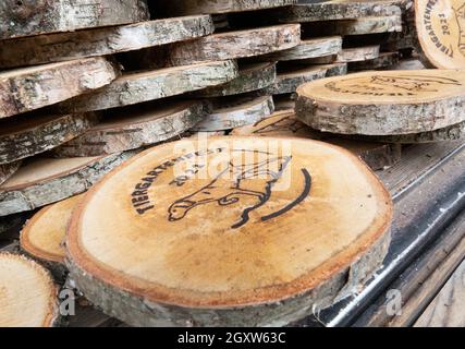 Hannover, Germania. 05 ottobre 2021. In un punto di raccolta si trovano diverse sezioni ad albero etichettate. Dal 4 al 15 ottobre, diversi punti di raccolta di Hannover accettano castagne e ghiande per l'alimentazione invernale della selvaggina nello zoo di Hannover. I collettori possono prendere il disco dell'albero con loro come un Grazie. Credit: Demy Becker/dpa/Alamy Live News Foto Stock