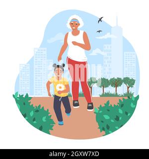 Nonna jogging con nipote nel parco, illustrazione vettoriale. Rapporti nipoti. Illustrazione Vettoriale