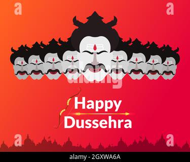 Festa indiana Dussehra saluto con arco d'oro e freccia. Ravana 10 teste denota 10 mali di tutti. Questo dussehra distrugge tutti i mali sociali. Illustrazione Vettoriale