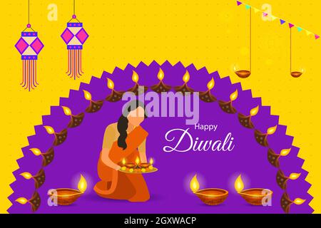 Donna indiana che celebra diwali con puja thali e diya. Festa Diwali sfondo decorativo con lanterna. Illustrazione Vettoriale
