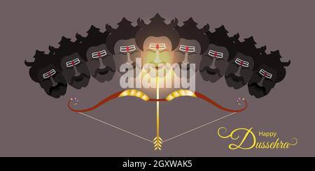 Festa indiana Dussehra saluto con arco d'oro e freccia. Ravana 10 teste denota 10 mali di tutti. Questo dussehra distrugge tutti i mali sociali. Illustrazione Vettoriale
