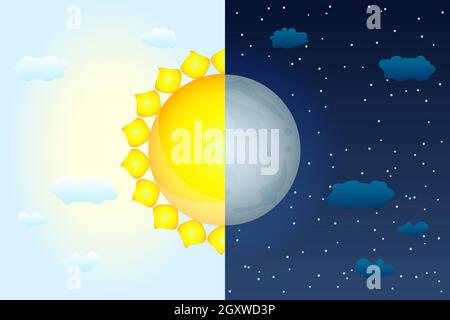 Mezza sole e mezza luna come concetto di giorno di equinozio vernale o autunnale. Giorno e notte con luna e sole. Stagioni della terra. Previsioni meteo sfondo. Interno Illustrazione Vettoriale