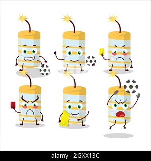 Personaggio cartoon giallo del firecracker che lavora come arbitro di calcio. Illustrazione vettoriale Illustrazione Vettoriale