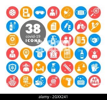 Impostare le icone del glifo bianco del vettore del virus corona. Sintomi e icone di glifo bianco antivirus protettivo correlati al coronavirus, 2019-nCoV. Polmonite umana covi Foto Stock