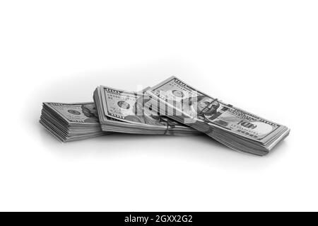 Pacchetti di dollari confezionati su sfondo bianco. Luogo per logo, lettere, layout, mockup. Lo stile è bianco e nero. Foto Stock