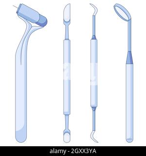 Set icone strumenti e strumenti dentali. La stomatologia fornisce un'icona vettoriale in stile piatto, isolata su sfondo bianco. Illustrazione Vettoriale