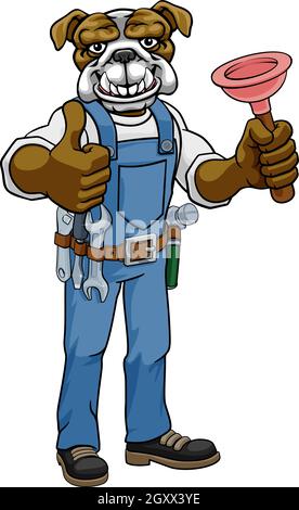 Bulldog Plumber mascotte cartoon tenendo premuto lo stantuffo Illustrazione Vettoriale